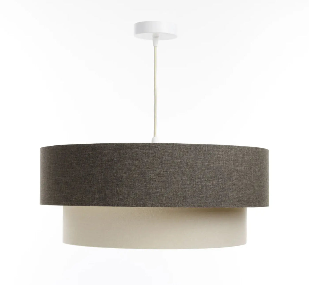 Suspension luminaire duo boho élégant avec abat-jour supérieur tissu graphite texturé et inférieur crème lisse suspendu par cordon blanc