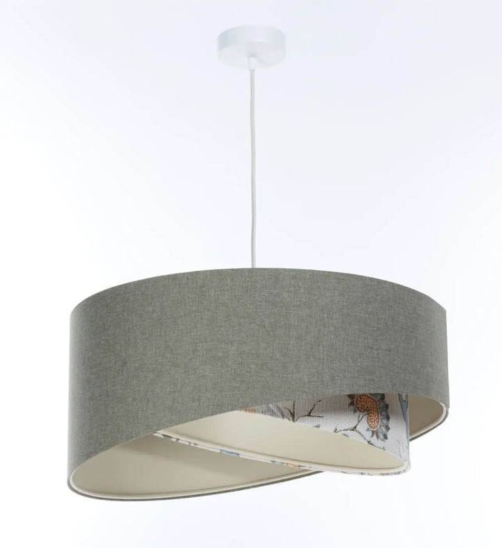 Suspension luminaire galaxie boho élégant en tissu gris vert avec motif floral subtil sur la doublure intérieure
