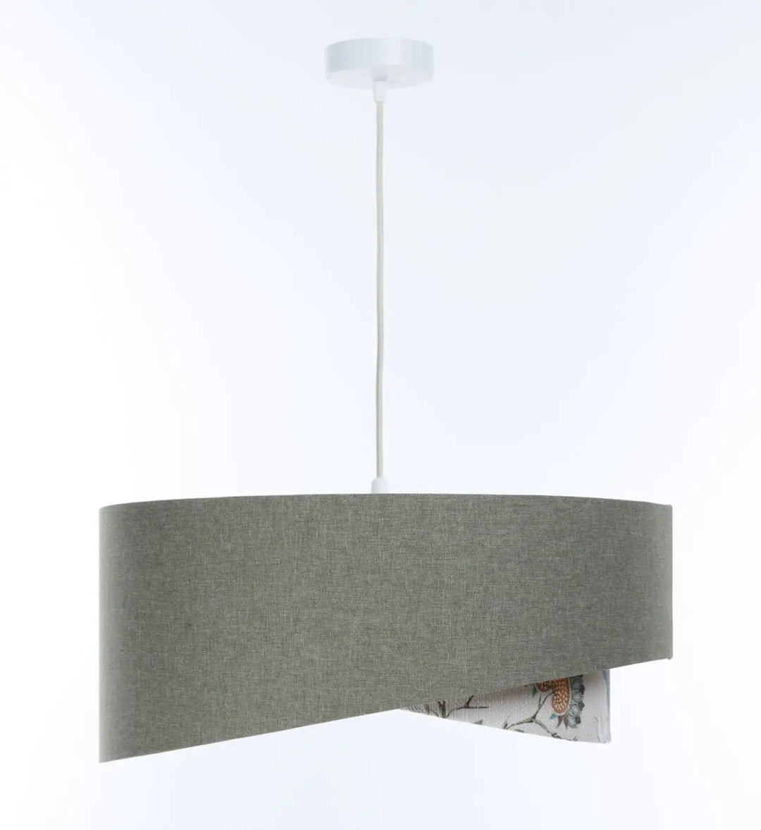 Suspension luminaire galaxy boho elegant en tissu gris vert avec cordon blanc et fixation de plafond