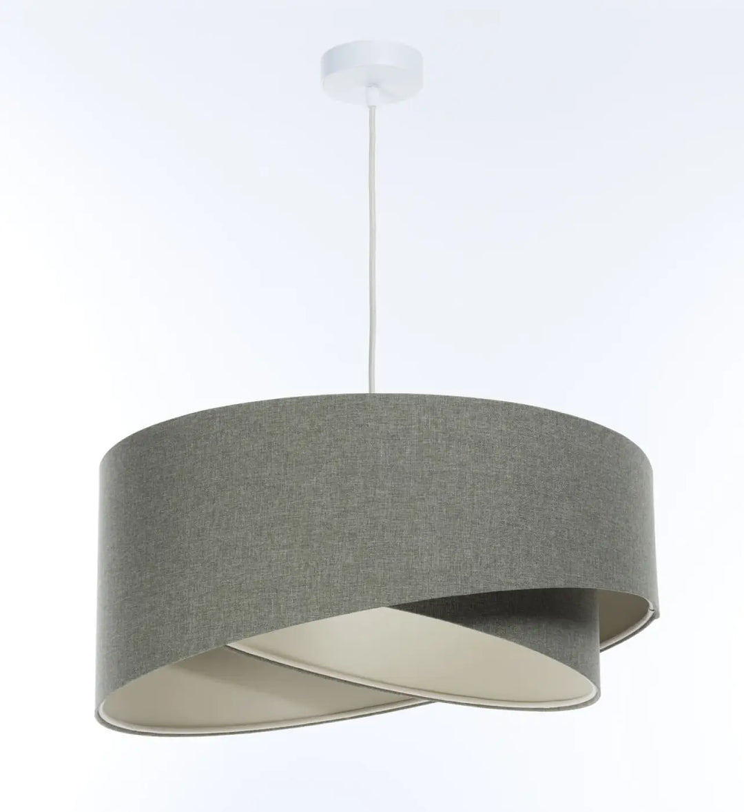 Suspension luminaire moderne en tissu gris vert avec design circulaire superposé et doublure intérieure écrue