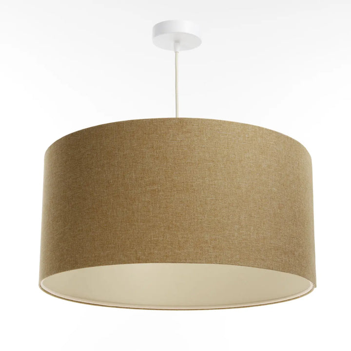 Suspension luminaire cylindrique en tissu marron sable beige avec fixation plafond blanche et doublure intérieure assortie