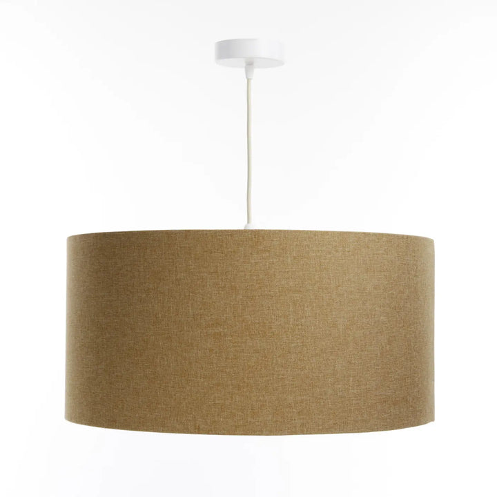 Suspension luminaire avec abat-jour cylindrique tissu marron sable et fixation plafond blanche