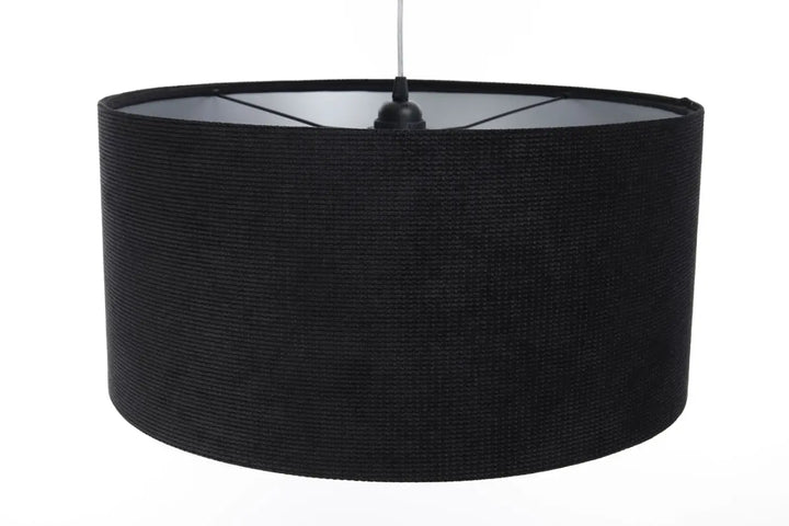 Suspension luminaire style moderne chic avec abat-jour cylindrique en tissu noir texturé glamour structural velour noir argent