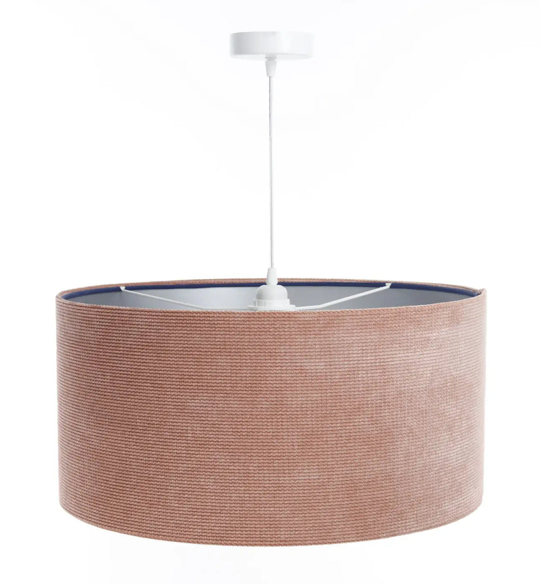Suspension luminaire glamour structural velour avec abat-jour en papier tissé cuivre et doublure intérieure bleu marine