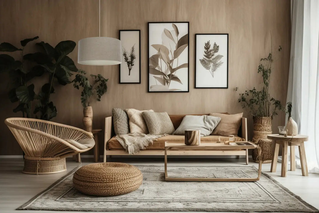 Suspension luminaire boho élégant en tissu taupe avec fauteuil en rotin tressé beige et base en bois naturel minimaliste chic
