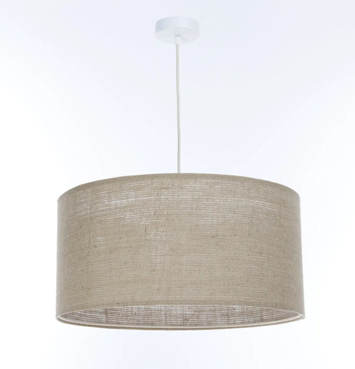 Suspension luminaire beige en tissu taupe minimaliste moderne avec monture et cordon de plafond blancs