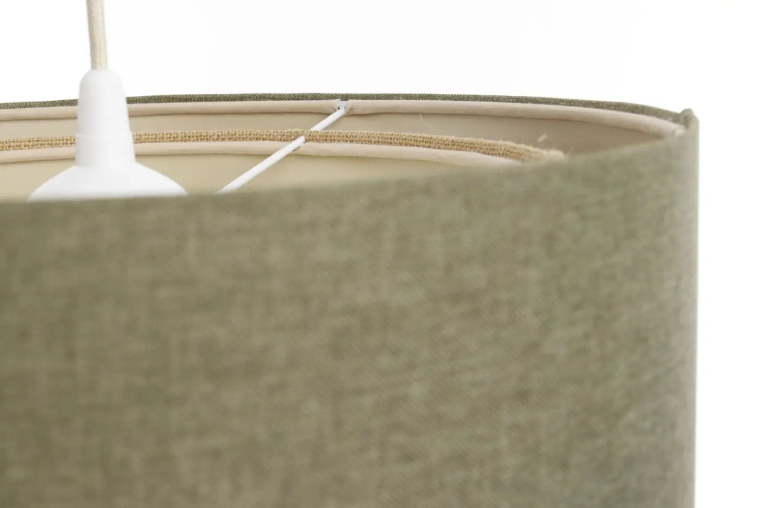 Suspension luminaire duo rattan en tissu olive vert gris avec doublure beige et suspension blanche