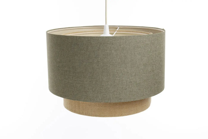 Suspension luminaire duo rattan en tissu vert olive avec base en toile de jute naturelle vert gris beige écru