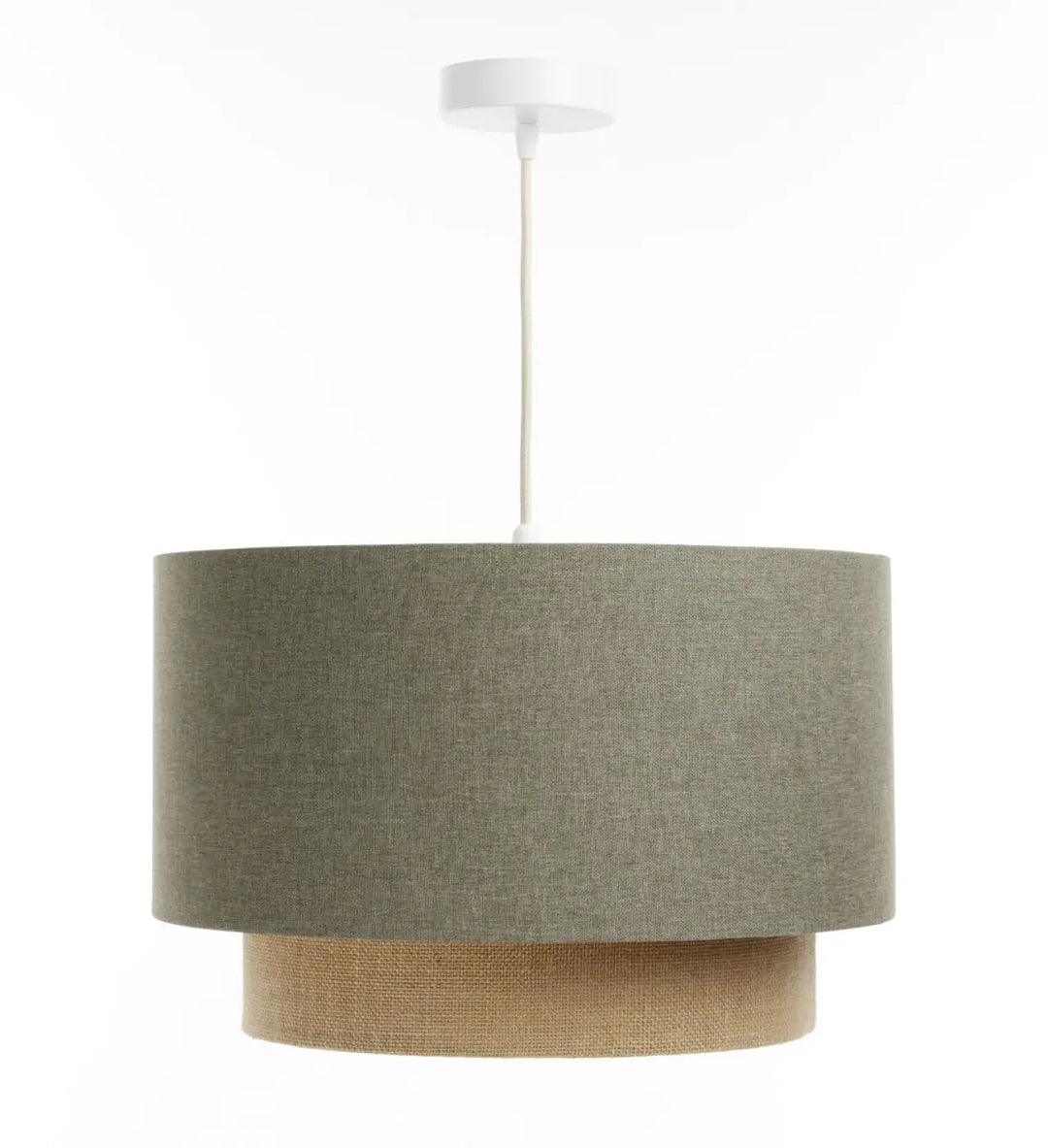 Suspension luminaire duo rattan vert gris beige écru avec abat-jour deux niveaux en rotin naturel et vert olive texturé