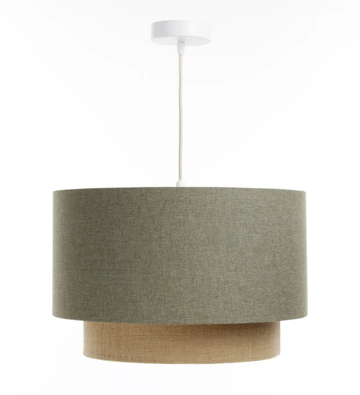 Suspension luminaire duo rattan vert gris beige écru avec abat-jour deux niveaux en rotin naturel et vert olive texturé