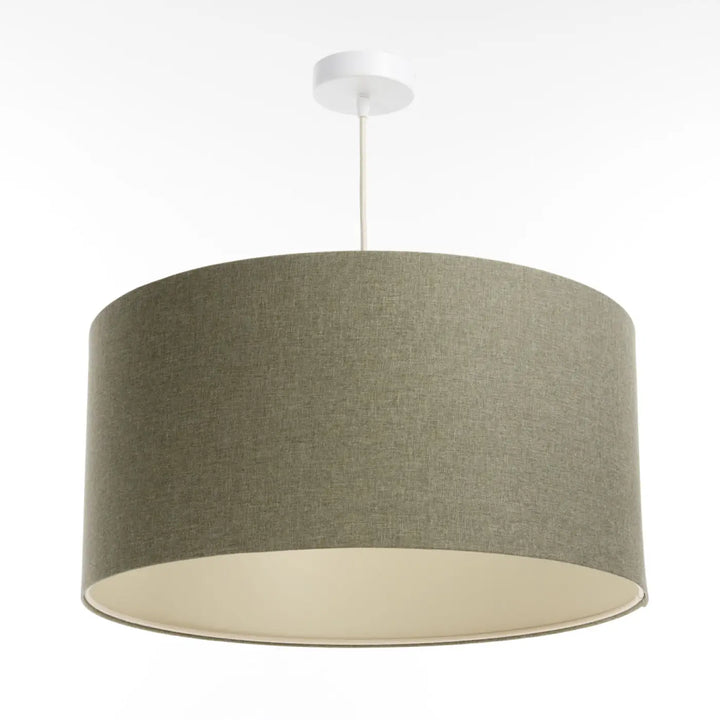 Suspension luminaire cylindrique en tissu vert gris avec intérieur écru et fixation plafond blanche élégante boho