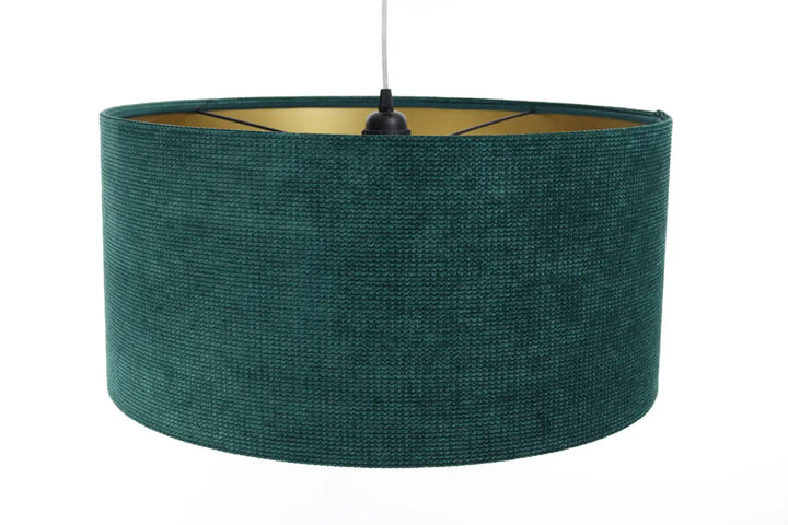 Suspension luminaire en tissu vert avec intérieur doré style moderne chic en velours structuré glamour