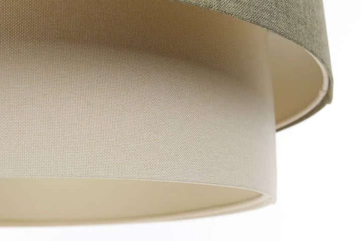 Suspension luminaire duo boho elegant avec abat-jour en tissu vert gris beige texturé en lin doux
