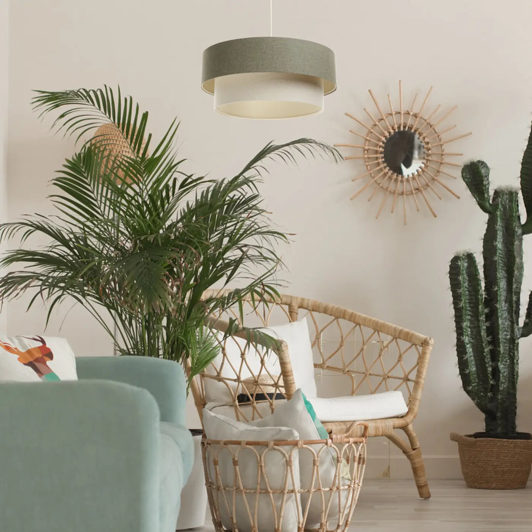 Suspension luminaire duo boho elegant en tissu vert gris avec double abat-jour crème et écru moderne