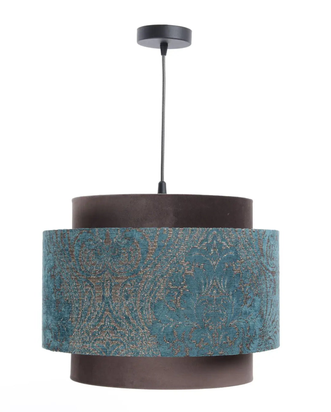 Suspension luminaire doblo avec abat-jour en tissu à motifs turquoise et marron et accents métalliques marron foncé