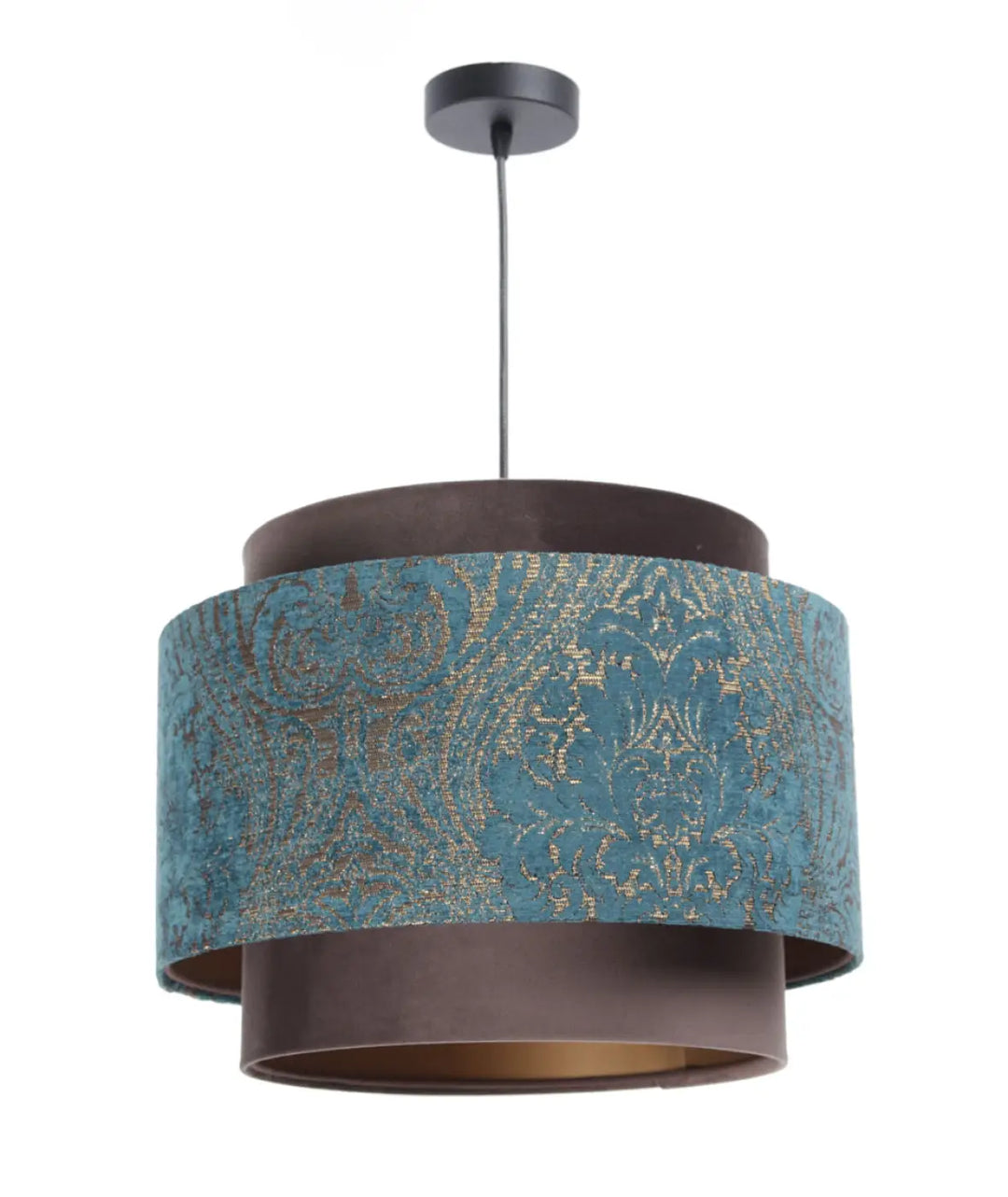 Suspension luminaire doblo en tissu damassé turquoise marron avec base en velours marron foncé