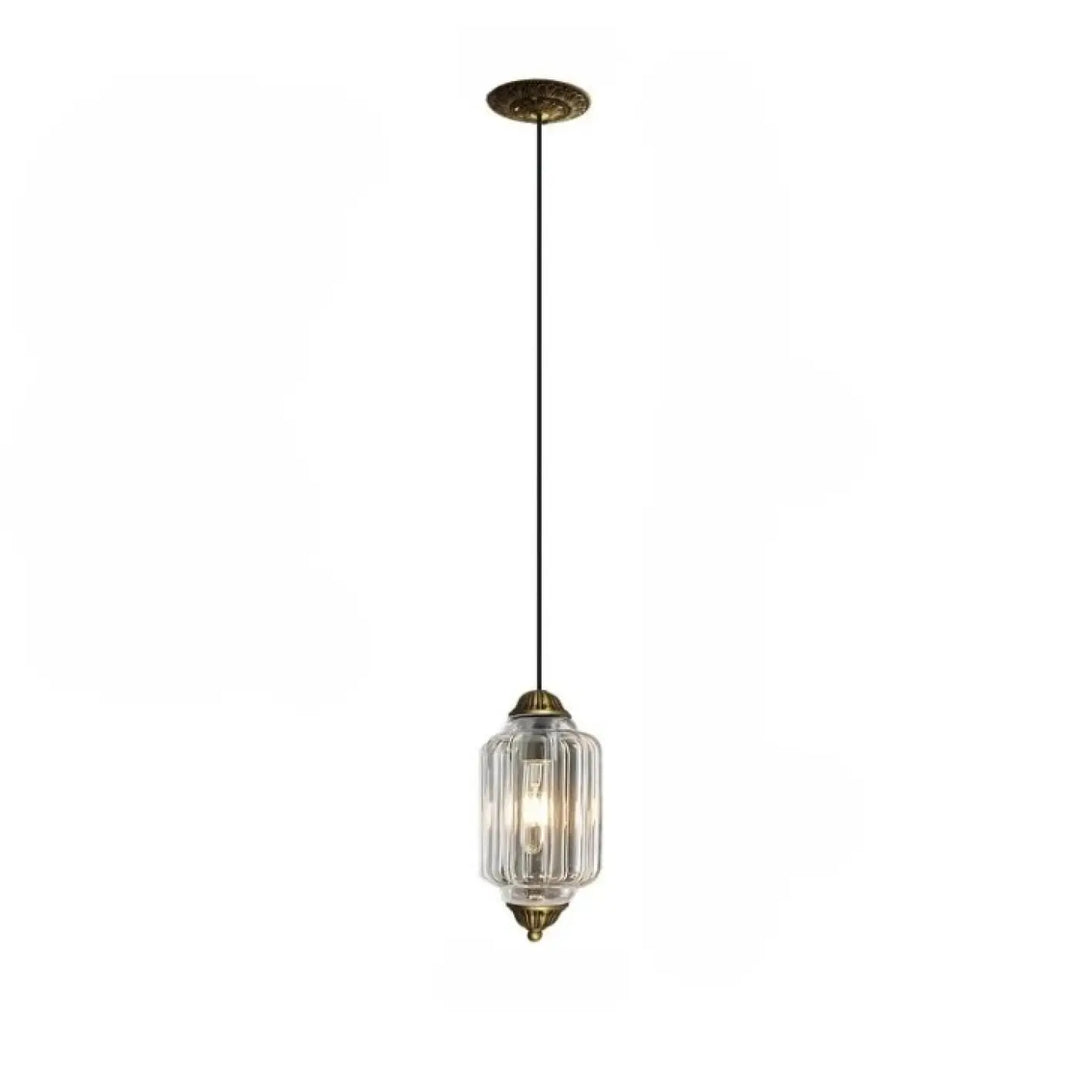 Suspension luminaire strior en laiton antique avec abat-jour en verre clair à côtes verticales et cordon noir