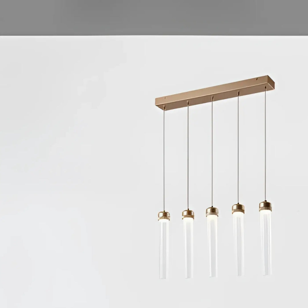 Suspension luminaire modern minimaliste avec cadre rectangulaire en laiton et cinq tubes en verre clair suspendus par cordons fins