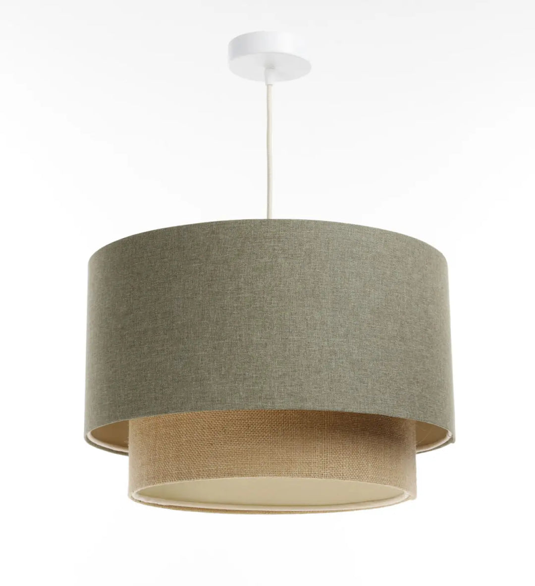 Suspension luminaire duo boho elegant vert gris et beige avec double abat-jour texturé suspendu par câble blanc