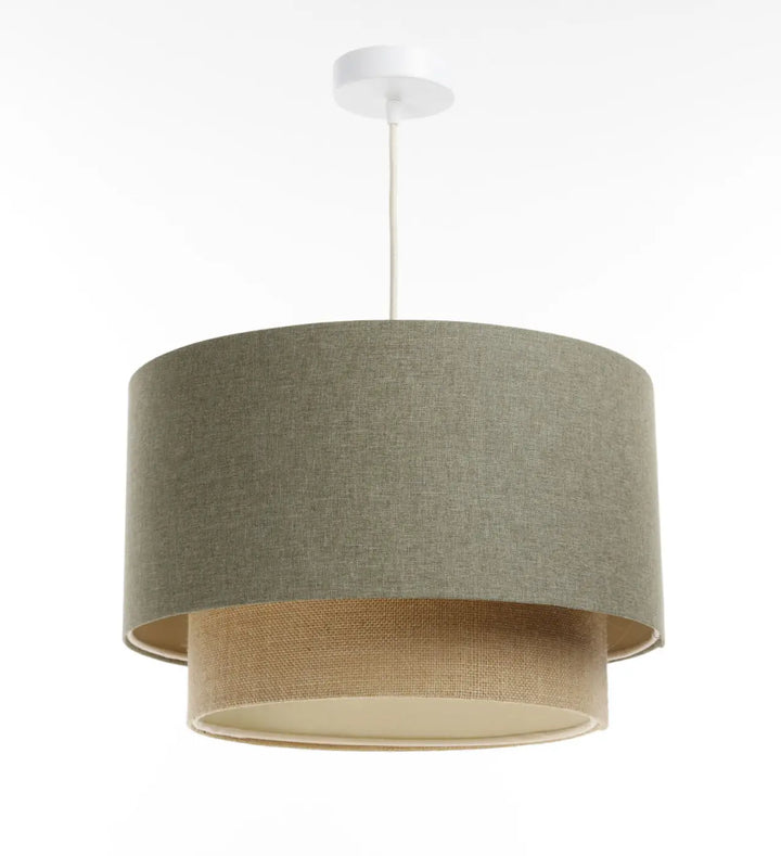 Suspension luminaire duo boho elegant vert gris et beige avec double abat-jour texturé suspendu par câble blanc