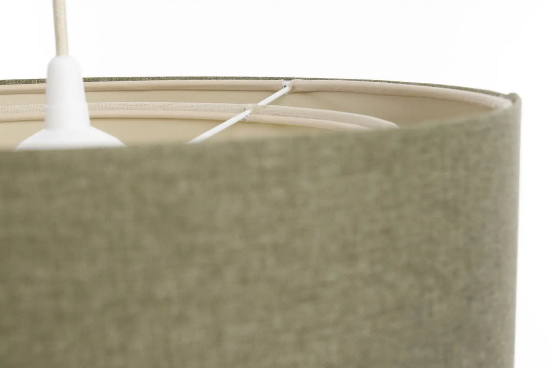 Suspension luminaire duo boho élégant beige texturé avec armature blanche et fixation suspendue vert gris crème écru