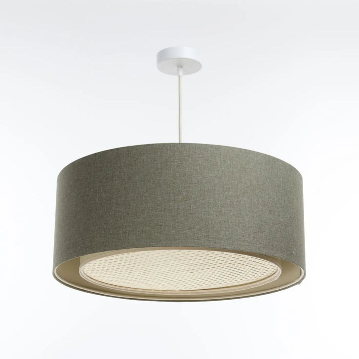 Suspension luminaire duo boho elegant vert gris avec abat-jour cylindrique en tissu gris texturé et diffuseur crème