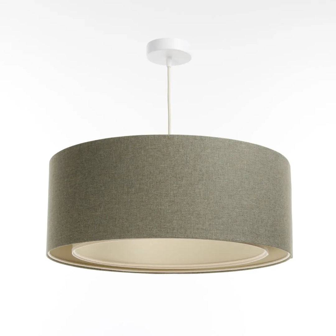 Suspension luminaire vert gris duo boho elegant avec abat-jour cylindrique en tissu texturé vert gris et doublure écrue