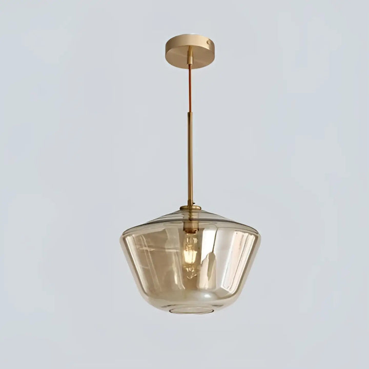 Suspension luminaire glazia avec cadre en métal doré et abat-jour en verre transparent ambré large