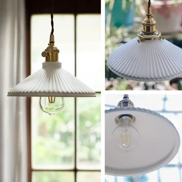Suspension luminaire vintage en céramique blanche et laiton

