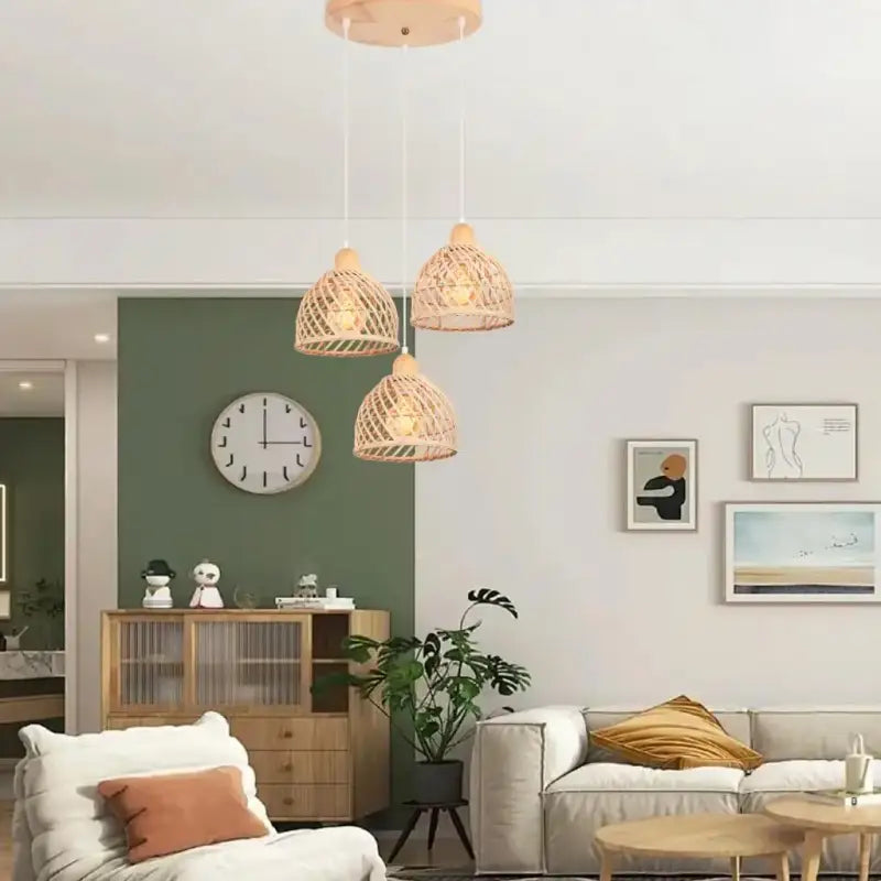 Vintage Bamboo Wicker Rattan Pendant Light Shade Weaving Hanging Lamp Ceiling Chandelier Lighting Living Room Kitchen