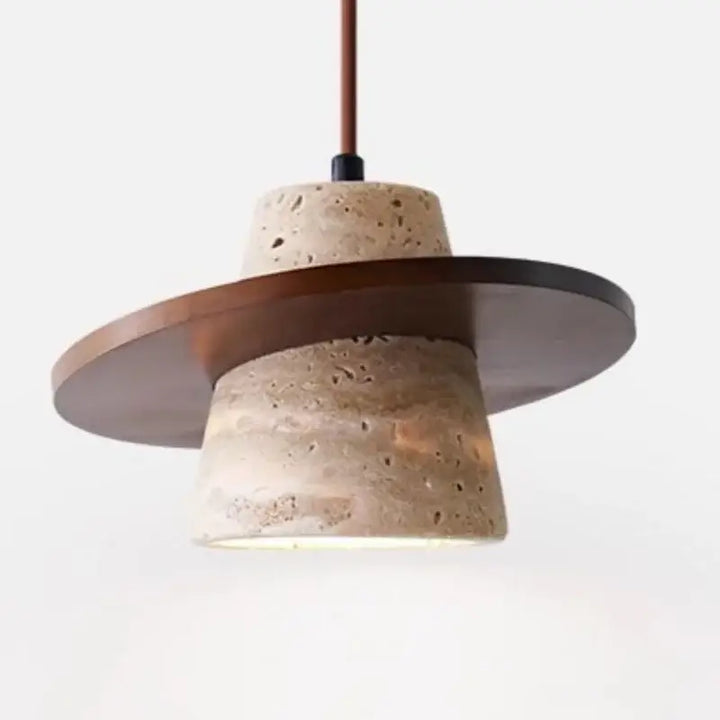 Suspension luminaire de chambre en pierre beige et bois foncé

