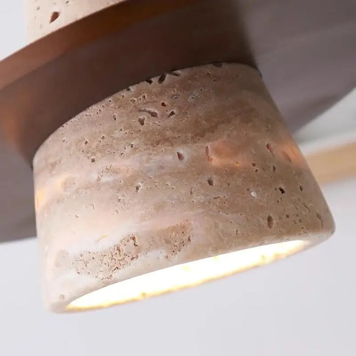 Suspension luminaire de chambre en pierre beige et bois foncé
