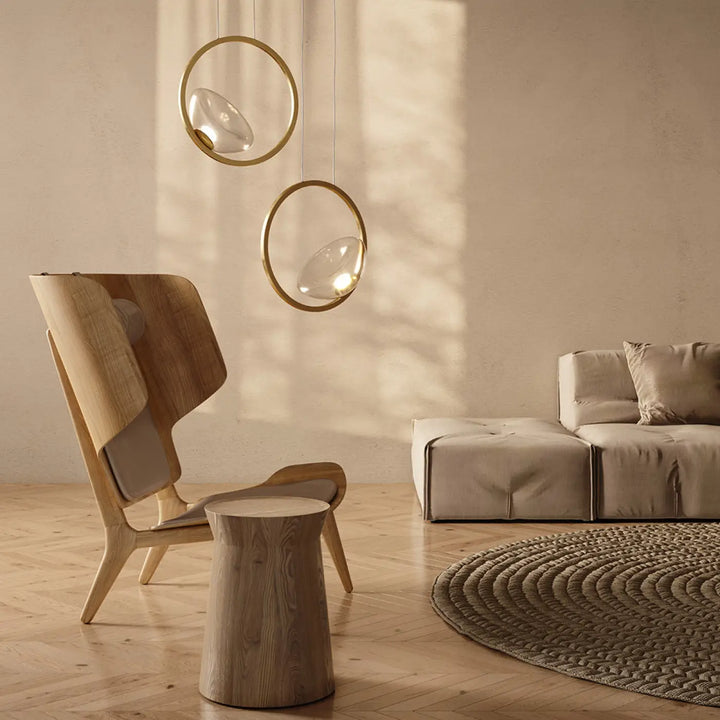 Suspension lunare avec disques dorés circulaires et globes en verre clair pour éclairage led design moderne