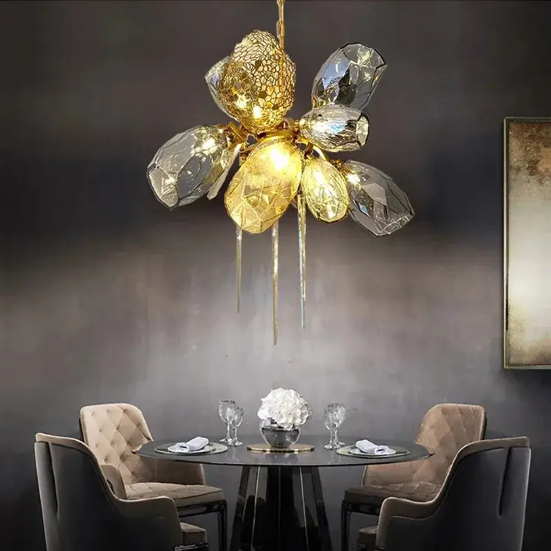 Suspension Luxueuse Design Floral Verre Doré Élégant Chic