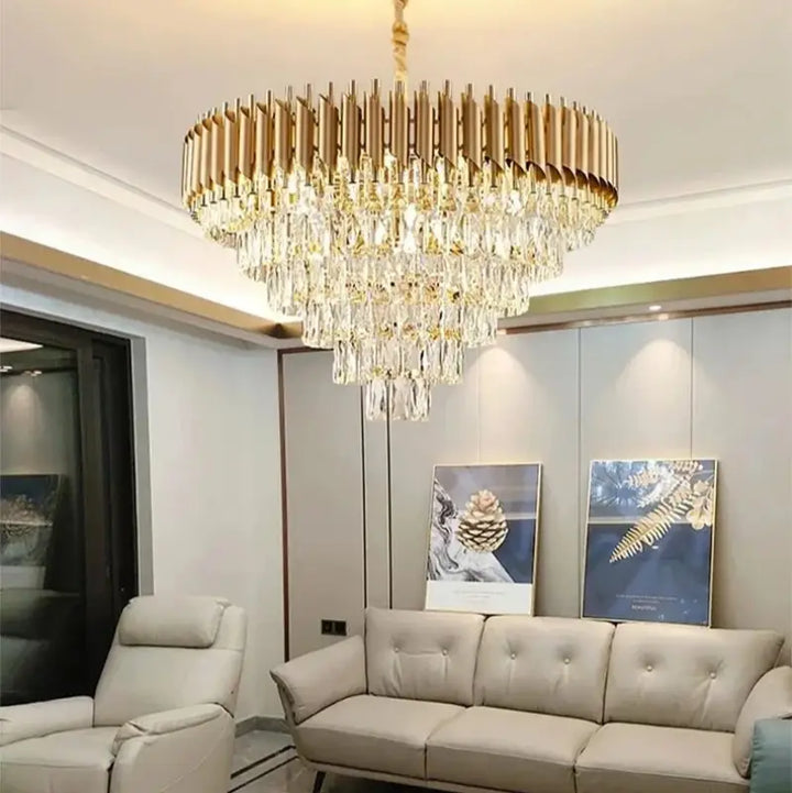 Suspension Luxueuse Lustre Cristal Cascade Doré Élégant