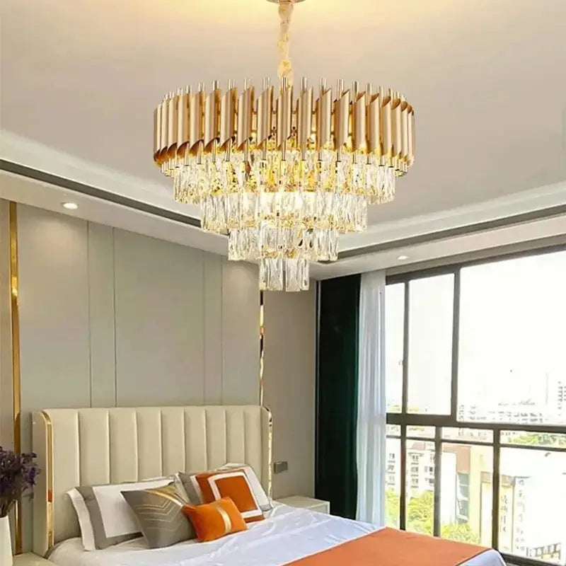 Suspension Luxueuse Lustre Cristal Cascade Doré Élégant