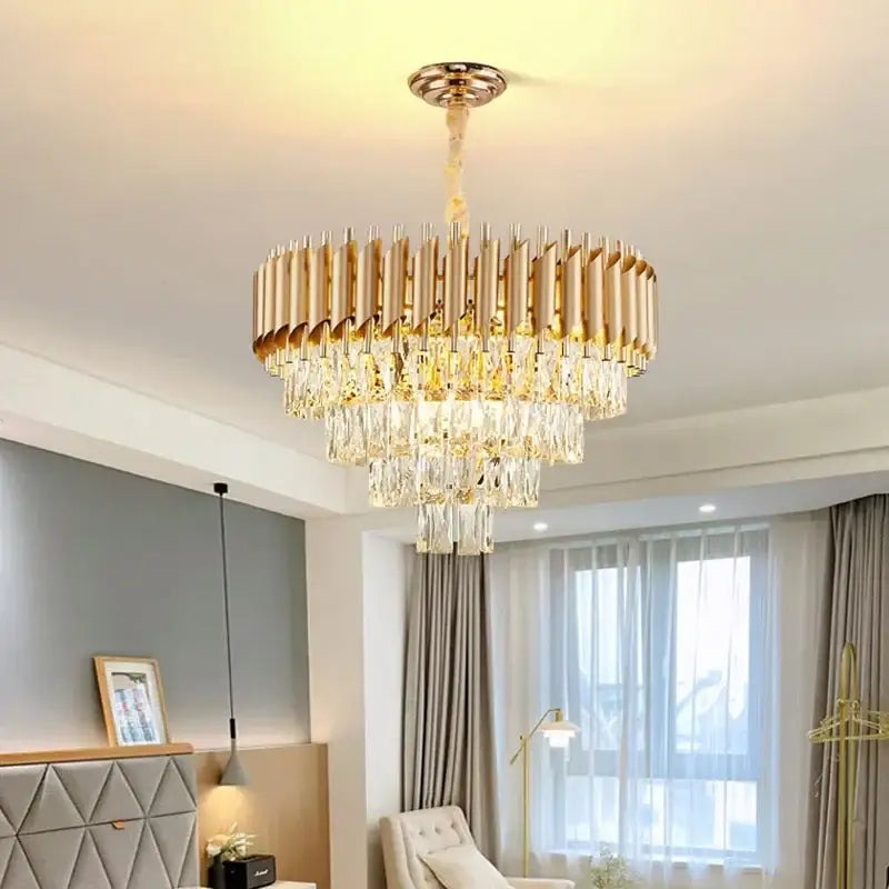 Suspension Luxueuse Lustre Cristal Cascade Doré Élégant