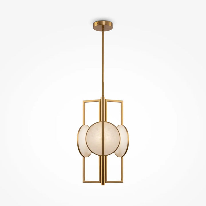 Suspension luminaire marmo en métal doré acier doré avec pendants géométriques et orbes de verre dépoli art déco