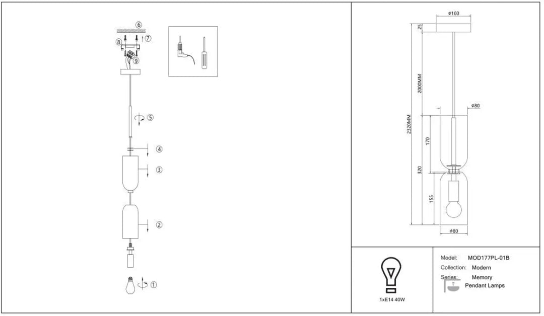 Suspension luminaire memory petit tube avec deux abat-jours cylindriques en verre bicolore et ampoule apparente