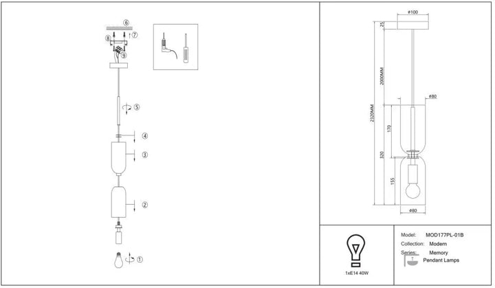 Suspension luminaire memory petit tube avec deux abat-jours cylindriques en verre bicolore et ampoule apparente
