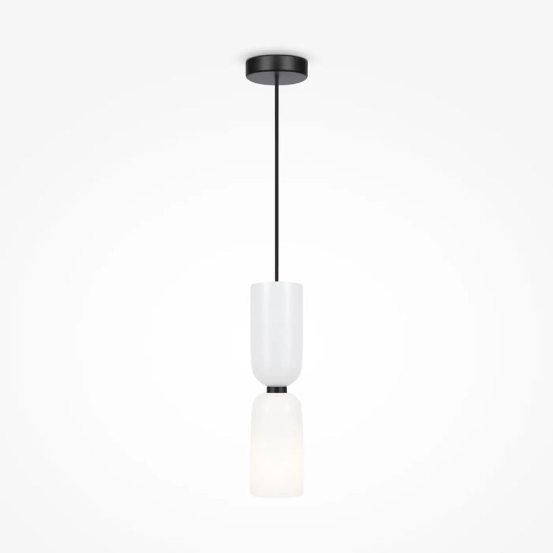 Suspension luminaire memory petit tube avec deux abat-jours en verre dépoli blanc et structure métal noir