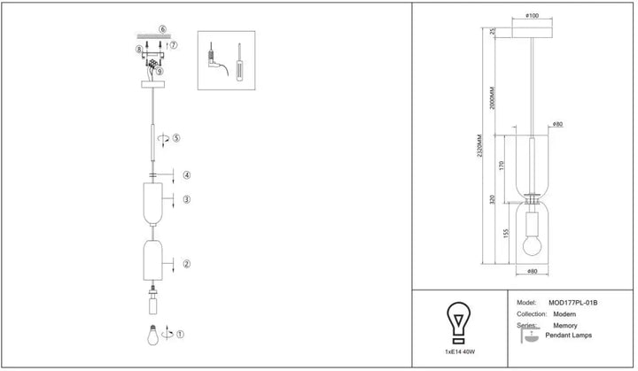 Suspension luminaire memory petit tube avec deux abat-jours cylindriques en verre bicolore et ampoule apparente