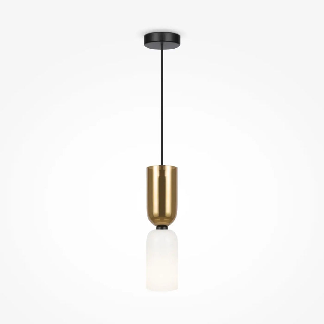 Suspension luminaire memory avec abat-jour cylindrique en laiton et diffuseur en verre dépoli noir petit tube bicolore