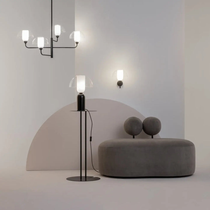 Suspension memory en acier noir avec verre blanc, design minimaliste et abat-jour en verre dépoli