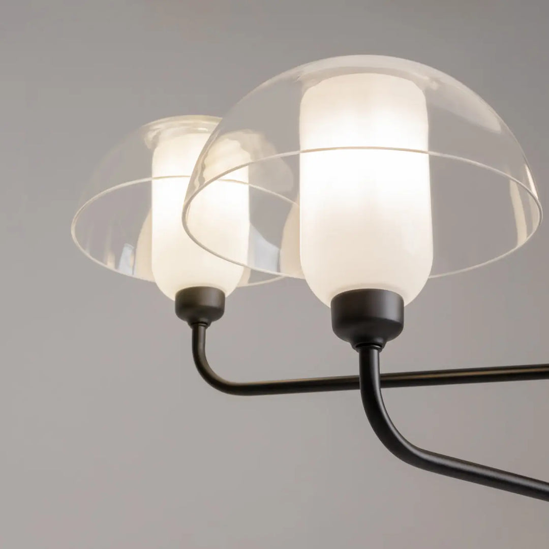 Suspension memory en acier noir avec deux abat-jours en verre blanc dépoli et coupoles claires en métal moderne