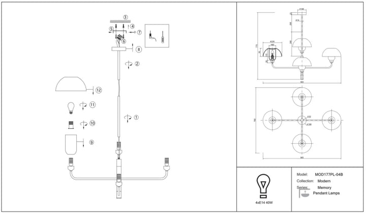 Suspension memory mod17pl-04b en acier noir avec quatre bras symétriques et abat-jours en verre blanc design moderne