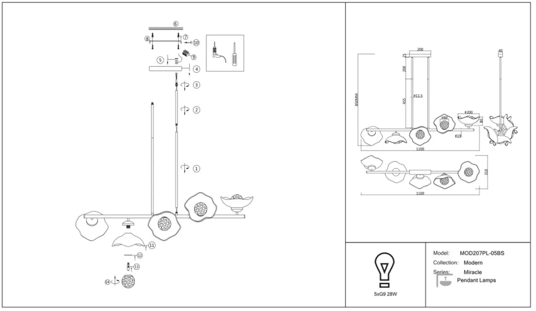 Suspension luminaire miracle linéaire avec six diffuseurs hexagonaux et barre dorée au design minimaliste élégant