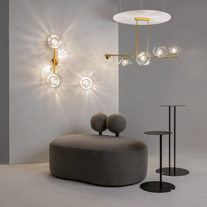 Suspension miracle cinq diffuseurs en verre transparent et barre dorée moderne pour éclairage élégant
