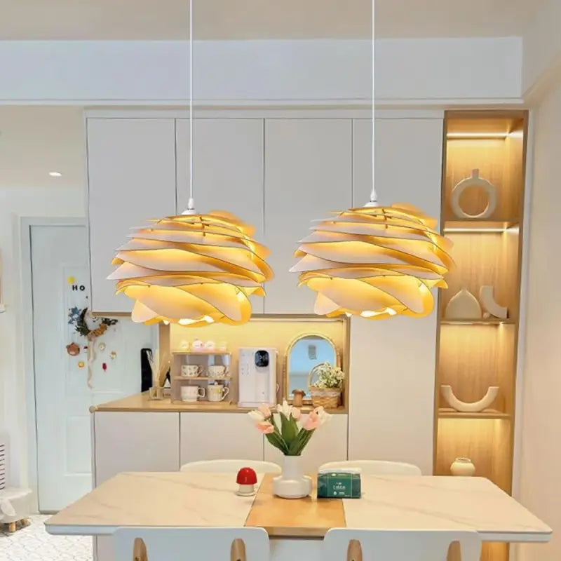 Suspension moderne en bois forme fleur style naturel