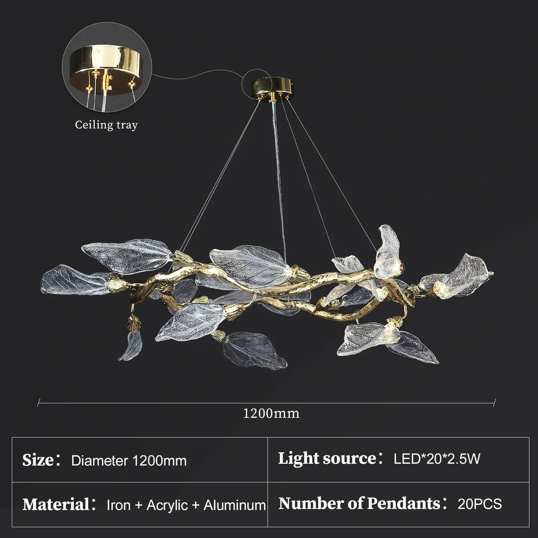 Suspension moderne feuilles verre et métal doré élégant